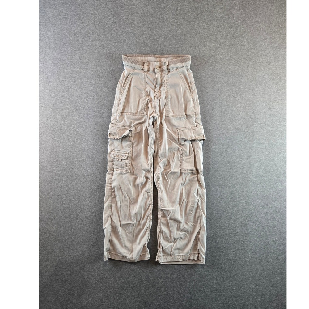 American Eagle Cargo Pants Womens 000 Beige Mid Rise Baggy Wide Leg Utility
